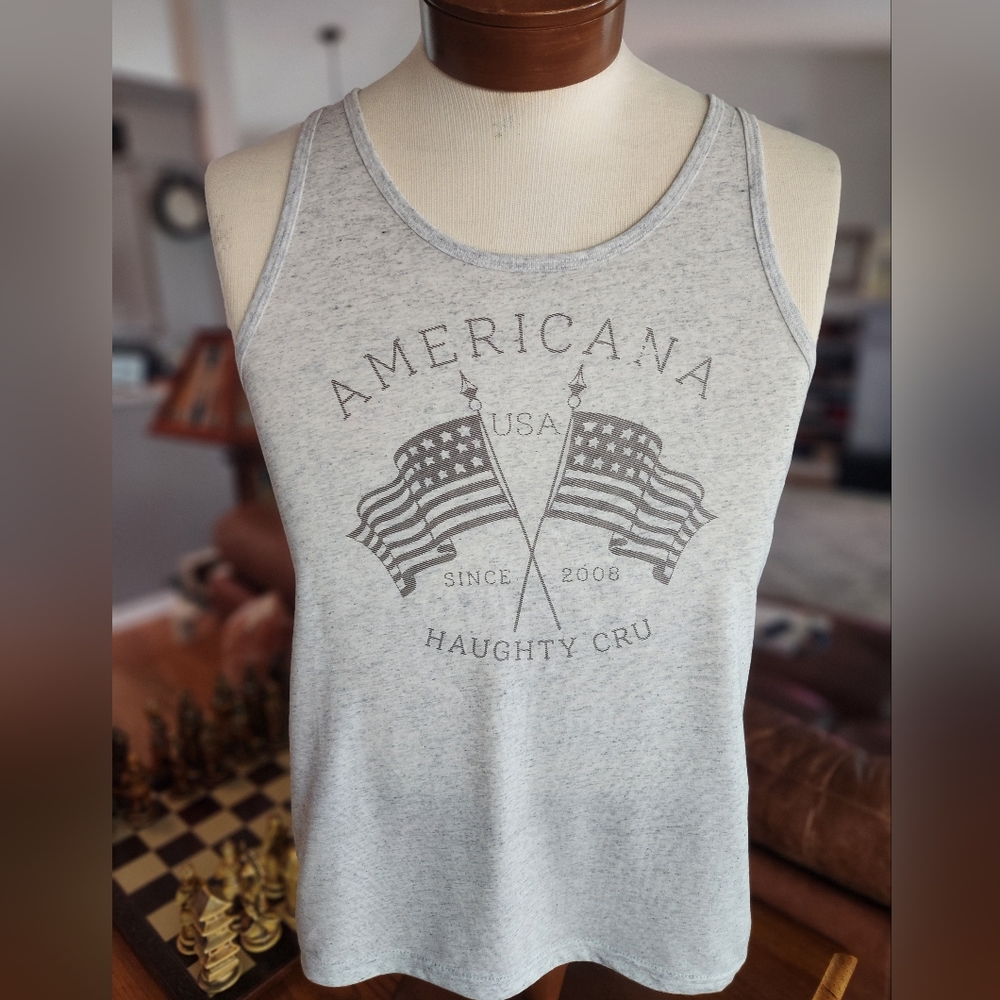 Gray Cotton Tank Top with American Flags S